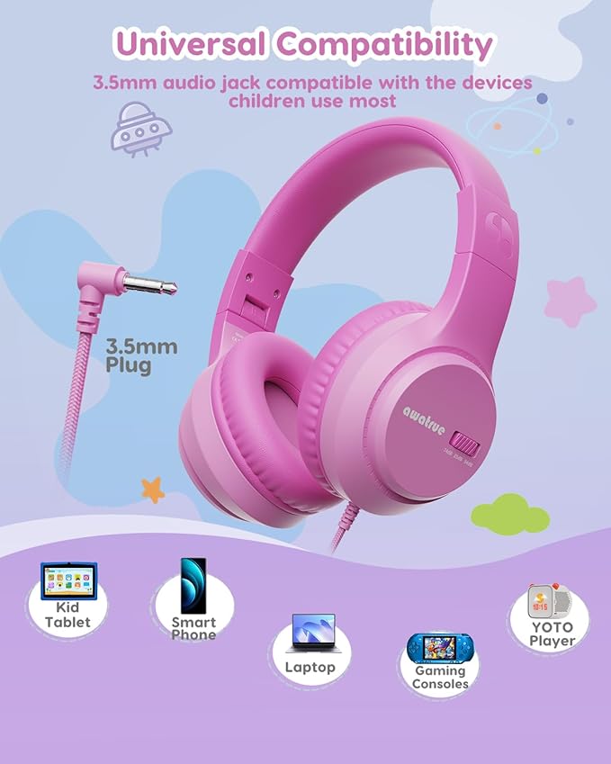 Kids Headphones, 74/85/94dB Volume Limiter, Foldable Wired Over Ear Headphones for Travel, 3.5mm Jack, Toddler Headphones for School, Chromebook, iPad, Tablet, Pink