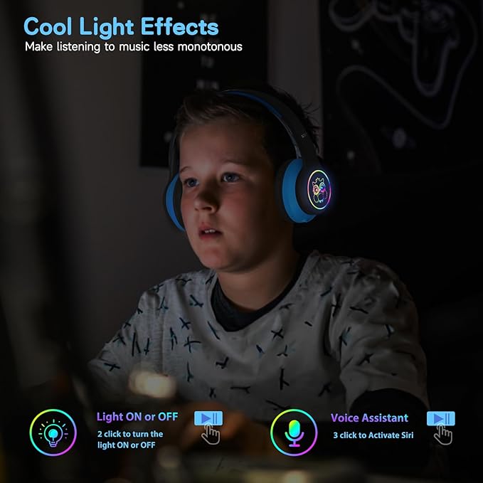LOBKIN Kids Headphones Bluetooth 5.4,Over Ear Kids Headphones Wireless with Mic 50H Playtime Colorful LED Lights AUX Cord 94dB Safe Volume Limited Foldable Design for Boy Girl Travel/School/iPad