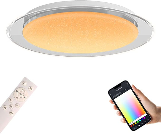 1-Pack, 15 inch Smart LED Music Ceiling Light with Bluetooth Speaker, Compatible with Alexa & Google Home, Color Changing RGB Dimmable Light for Living Room, Bedroom, Kitchen