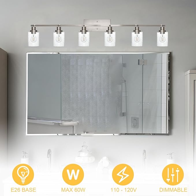 6-Light Brushed Nickel Kitchen Track Lighting Fixtures Ceiling Mount Track Lighting Kit with Bubble Seeded Glass Shade Modern Bathroom Tracking Vanity Lights Ceiling Tracking Accent Shop Light