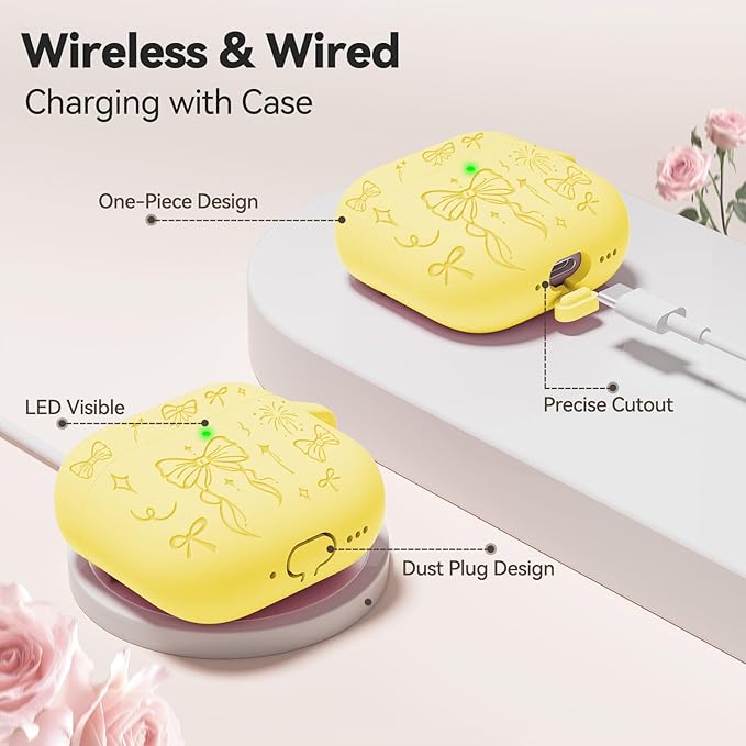for Airpods 4 Case Cover, Joremx Cute Bow Engraved Silicone Protective Case Cover with Keychain, Cleaner Kit for AirPods 4th Generation Case 2024 (Yellow)