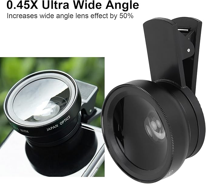 Phone Camera Lens Kit, 2 in 1 with 0.45X Ultra Wide Angle and 12.5X Macro Lens, HD Professional Universal Clip, with Travel Case, for Most Smartphones and Tablets, Black