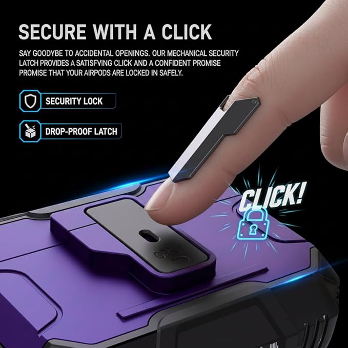 for AirPods Pro 3 Case, Secure Lock Magnetic Lid Cover with Keychain, Military Grade Shockproof Protective Case for Airpods Pro 3rd, Wireless Charging & Front LED Visible, Purple Black