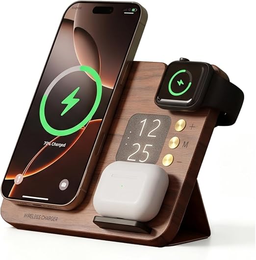 3-in-1 Magnetic Wireless Charging Station with Clock, 15W Foldable Walnut Wood Charger Stand for iPhone 17/16/15/14/13/12, Apple Watch Ultra/10/9/8, AirPods, Nightstand Charger,Gift for Men