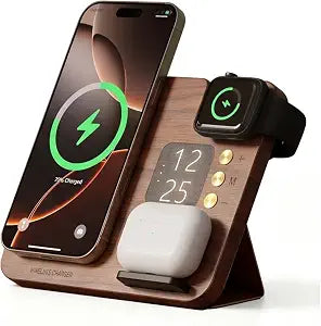 3-in-1 Magnetic Wireless Charging Station with Clock, 15W Foldable Walnut Wood Charger Stand for iPhone 17/16/15/14/13/12, Apple Watch Ultra/10/9/8, AirPods, Nightstand Charger,Gift for Men
