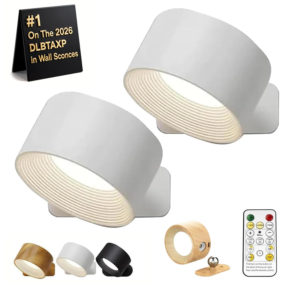 Rechargeable Wall Sconces Set of 2, Battery Operated LED Wall Lights with Remote, 3 Color Temperatures & Dimmable 360° Rotation Magnetic Lamps for Bedroom, Reading, Bedside, Living Room