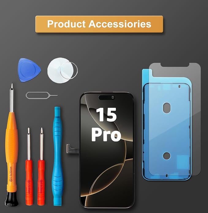 LL TRADER Screen Replacement for iPhone 15 Pro 6.1" LCD Retina FHD Display COF Touch Screen Digitizer with Repair Tool Kits, Waterproof Tape, Screen Protector (Truetone programable)