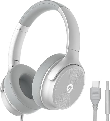 ADOOPE USB C Wired Over-Ear Headphones with Mic, Hi-Fi Stereo Sound, Noise-Isolating Ear Cups, Comfortable Fit for iPhone15/16, Samsung Galaxy S24/S23, Type-C Phones & Tablets (Silver)