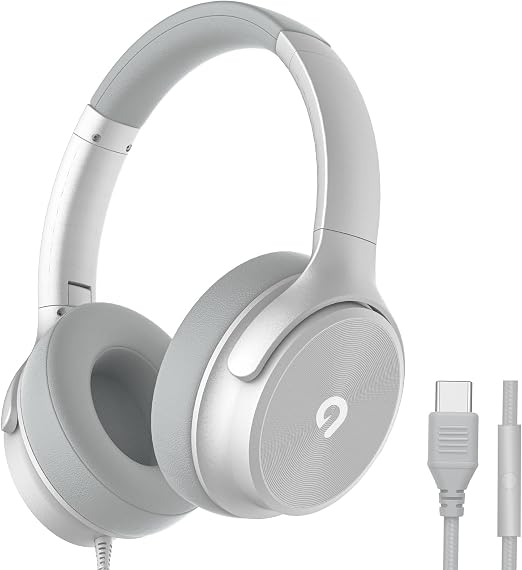 ADOOPE USB C Wired Over-Ear Headphones with Mic, Hi-Fi Stereo Sound, Noise-Isolating Ear Cups, Comfortable Fit for iPhone15/16, Samsung Galaxy S24/S23, Type-C Phones & Tablets (Silver)