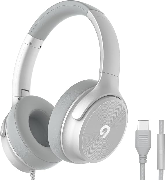 ADOOPE USB C Wired Over-Ear Headphones with Mic, Hi-Fi Stereo Sound, Noise-Isolating Ear Cups, Comfortable Fit for iPhone15/16, Samsung Galaxy S24/S23, Type-C Phones & Tablets (Silver)
