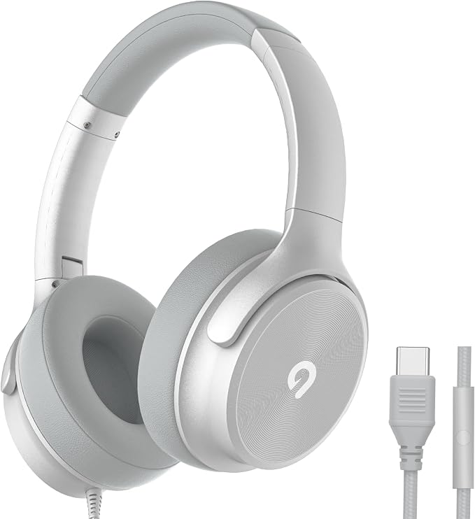 ADOOPE USB C Wired Over-Ear Headphones with Mic, Hi-Fi Stereo Sound, Noise-Isolating Ear Cups, Comfortable Fit for iPhone15/16, Samsung Galaxy S24/S23, Type-C Phones & Tablets (Silver)
