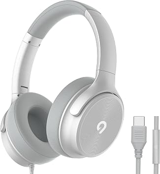 ADOOPE USB C Wired Over-Ear Headphones with Mic, Hi-Fi Stereo Sound, Noise-Isolating Ear Cups, Comfortable Fit for iPhone15/16, Samsung Galaxy S24/S23, Type-C Phones & Tablets (Silver)