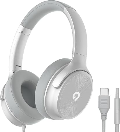 ADOOPE USB C Wired Over-Ear Headphones with Mic, Hi-Fi Stereo Sound, Noise-Isolating Ear Cups, Comfortable Fit for iPhone15/16, Samsung Galaxy S24/S23, Type-C Phones & Tablets (Silver)