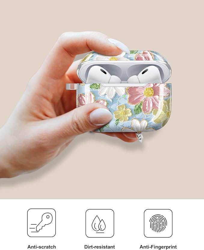 JIAXIUFEN Compatible with AirPods Pro 2 Gen/1 Gen Case Cover Retro Oil Painting Printed Flower Protective TPU Skin Accessories for Women Girl Blue Pink