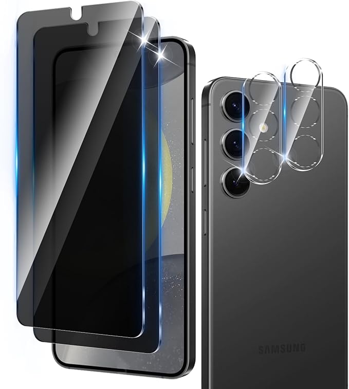 2+2 Pack Privacy Screen Protector Designed for Samsung Galaxy S24 5G With 2 Pack Camera Lens Protector,Full Coverage Anti-Spy Tempered Glass Film,9H Hardness,Bubble Free,Easy to Install