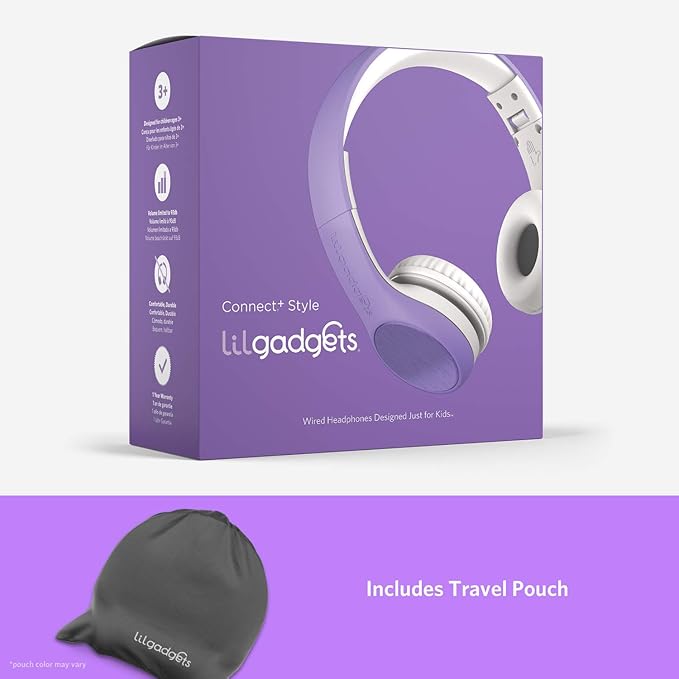 LilGadgets Connect+ Style On-Ear Kids Headphones with Microphone - SharePort Technology, SoftTouch Padding, Detachable Cable, Volume Limiting, Durable & Adjustable - Purple