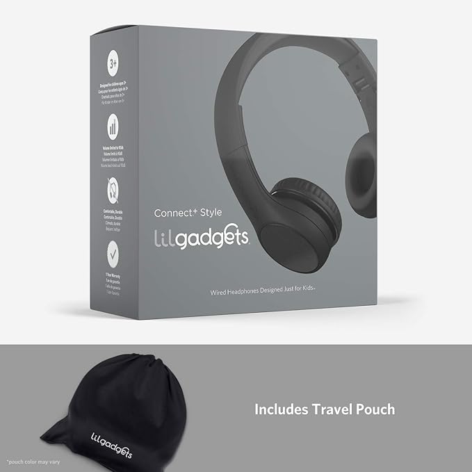 LilGadgets Connect+ Style On-Ear Kids Headphones with Microphone - SharePort Technology, SoftTouch Padding, Detachable Cable, Volume Limiting, Durable & Adjustable - Black