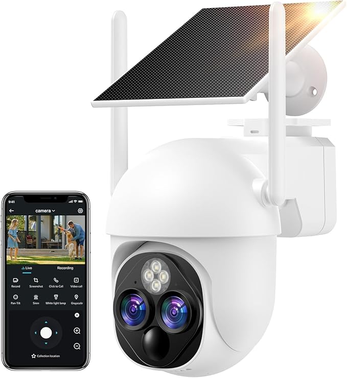10X Zoom Solar Cameras for Home Security, Dual-Lens WiFi Security Camera Wireless Outdoor, 360 PTZ/PIR Motion Detection/Dual Strobe Light /2-Way Audio