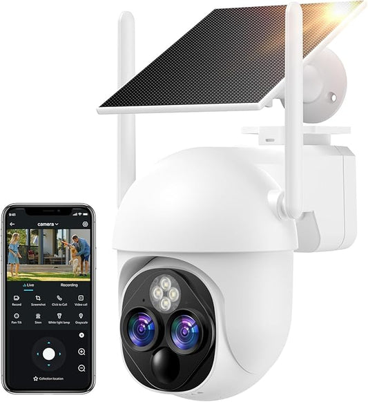10X Zoom Solar Cameras for Home Security, Dual-Lens WiFi Security Camera Wireless Outdoor, 360 PTZ/PIR Motion Detection/Dual Strobe Light /2-Way Audio