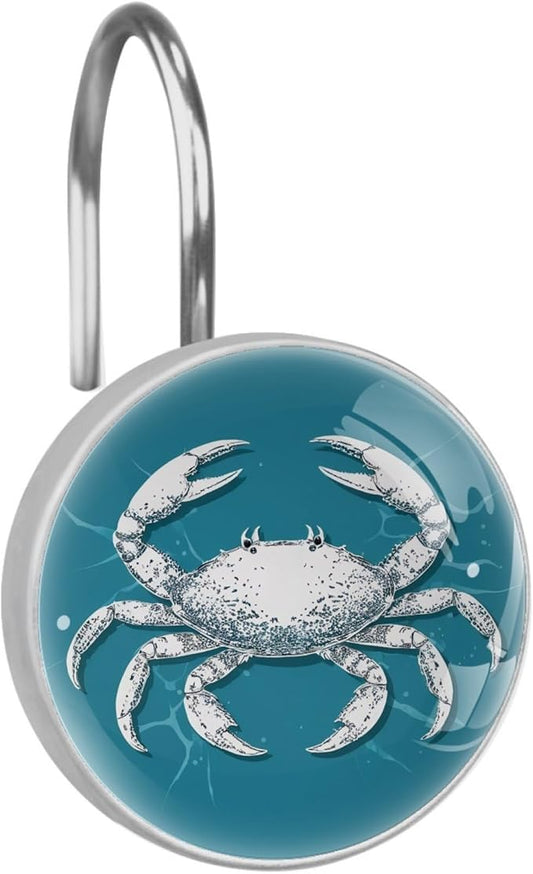 Nautical Abstract Crab Shower Curtain Hooks 12Pcs, Decorative Rust Resistant Shower Rings for Shower Curtain Rods, Stainless Steel Round Curtain Hooks for Bathroom, Bedroom, Farmhouse