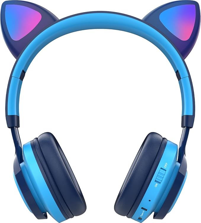 Riwbox CT-7 Cat Ear Bluetooth Headphones, LED Light Up Bluetooth Wireless Over Ear Headphones with Microphone and Volume Control for Travel/School/Smartphones/Laptop/PC/TV (Blue)