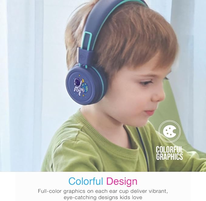 MEE audio KidJamz KJ55 Wired Children’s Headphones with 3.5mm Plug, Colorful Graphics, Volume Limiter & Microphone, Adjustable On-Ear Kids Headset for Online Learning/School/Travel/Tablet (Blue)