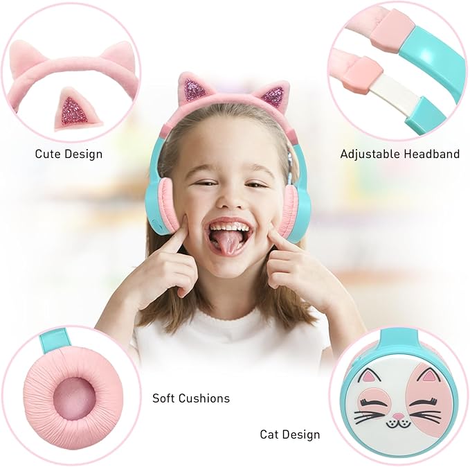 Cat Ear Kids Headphones, Bluetooth Wireless Headphones for Kids, 85dBA Volume Limited, FunShare, Girls Toddlers Children Headset for School/Learning/iPad/Travel