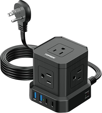 TOPREK Power Strip with USB, USB C (3.0A) Power Strip with 5 Outlets, 2 USB-C & 2 USB-A, 5 FT Flat Extension Cord with Ultra Thin Flat Plug, Surge Protector Compact for Home Office, Dorm, Hotel Travel