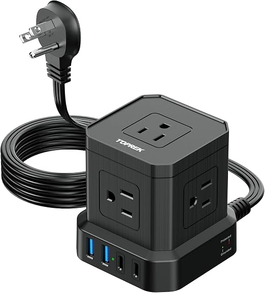 TOPREK Power Strip with USB, USB C (3.0A) Power Strip with 5 Outlets, 2 USB-C & 2 USB-A, 5 FT Flat Extension Cord with Ultra Thin Flat Plug, Surge Protector Compact for Home Office, Dorm, Hotel Travel