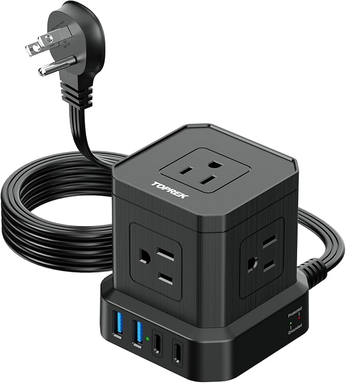 TOPREK Power Strip with USB, USB C (3.0A) Power Strip with 5 Outlets, 2 USB-C & 2 USB-A, 5 FT Flat Extension Cord with Ultra Thin Flat Plug, Surge Protector Compact for Home Office, Dorm, Hotel Travel