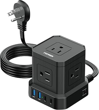 TOPREK Power Strip with USB, USB C (3.0A) Power Strip with 5 Outlets, 2 USB-C & 2 USB-A, 5 FT Flat Extension Cord with Ultra Thin Flat Plug, Surge Protector Compact for Home Office, Dorm, Hotel Travel