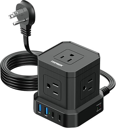 TOPREK Power Strip with USB, USB C (3.0A) Power Strip with 5 Outlets, 2 USB-C & 2 USB-A, 5 FT Flat Extension Cord with Ultra Thin Flat Plug, Surge Protector Compact for Home Office, Dorm, Hotel Travel