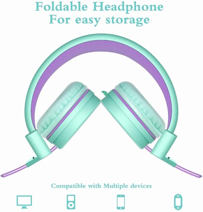 ELECDER i37 Kids Headphones Children Girls Boys Teens Foldable Adjustable On Ear Headphones 3.5mm Jack Compatible Cellphones Computer MP3/4 Kindle School Tablet Green/Purple