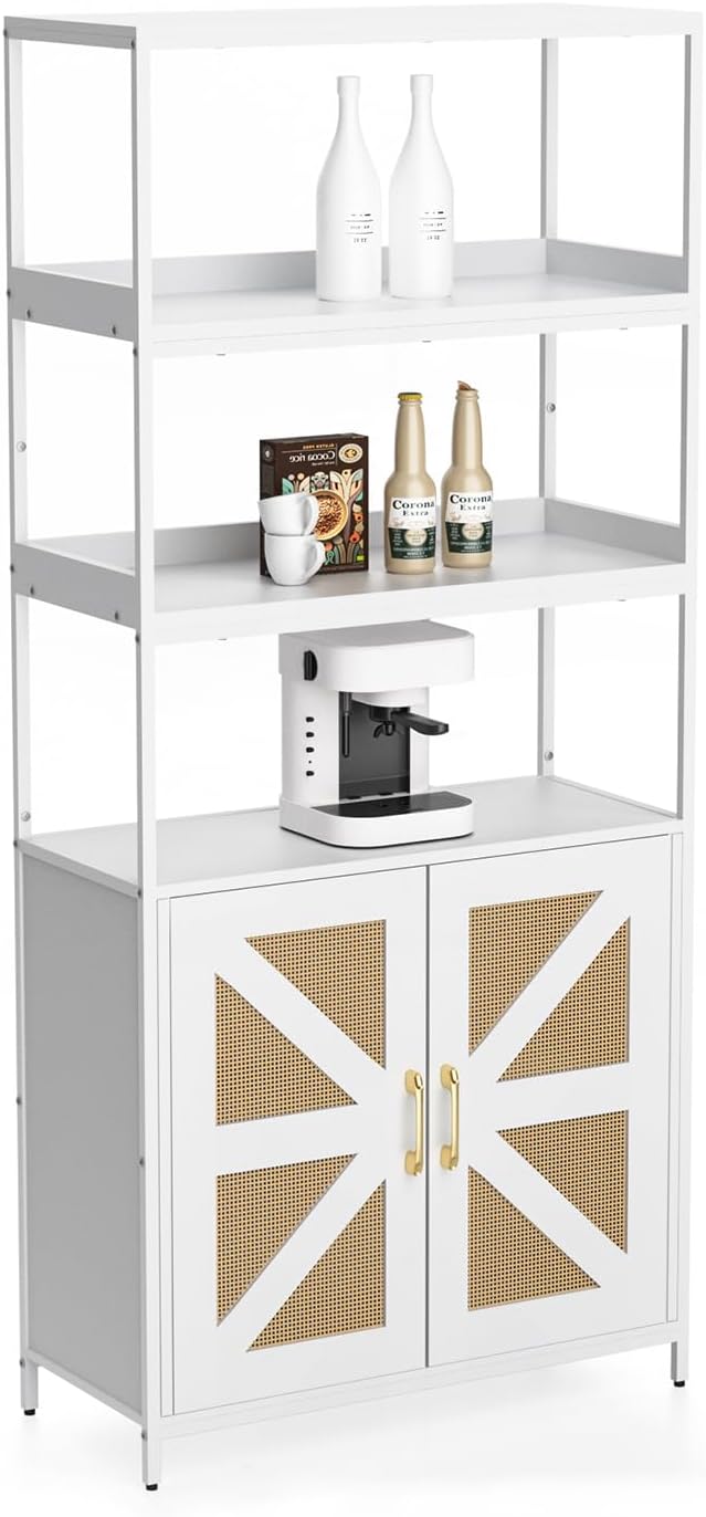 Kitchen Bakers Rack with Storage, 70.8'' Tall 5 Tier Farmhouse Pantry Cabinet with Rattan Doors, Industrial Kitchen Hutch with Large Microwave Storage Rack Freestanding Wine Cabinet Living Room, White