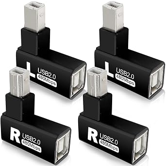 4Pcs 90 Degrees USB 2.0 Type-B Printer Adapter, USB 2.0 B Male to Type-B Female Printer Adapter for Printer, Scanner, Fax, Mobile HDD Printer Short Extension Cable(Left+Right)