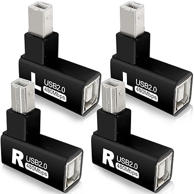 4Pcs 90 Degrees USB 2.0 Type-B Printer Adapter, USB 2.0 B Male to Type-B Female Printer Adapter for Printer, Scanner, Fax, Mobile HDD Printer Short Extension Cable(Left+Right)