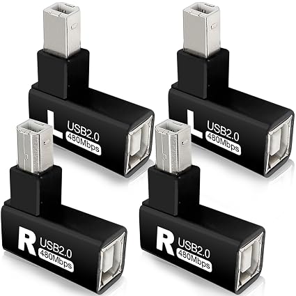 4Pcs 90 Degrees USB 2.0 Type-B Printer Adapter, USB 2.0 B Male to Type-B Female Printer Adapter for Printer, Scanner, Fax, Mobile HDD Printer Short Extension Cable(Left+Right)