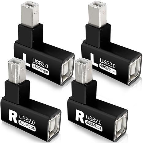 4Pcs 90 Degrees USB 2.0 Type-B Printer Adapter, USB 2.0 B Male to Type-B Female Printer Adapter for Printer, Scanner, Fax, Mobile HDD Printer Short Extension Cable(Left+Right)