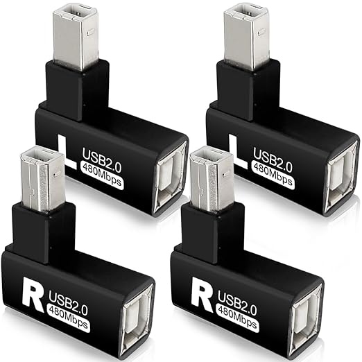 4Pcs 90 Degrees USB 2.0 Type-B Printer Adapter, USB 2.0 B Male to Type-B Female Printer Adapter for Printer, Scanner, Fax, Mobile HDD Printer Short Extension Cable(Left+Right)