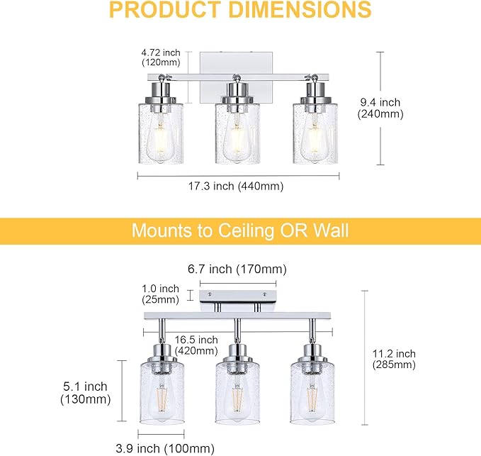 3-Light Chrome Track Light Fixture Ceiling Track Lighting Heads with Seeded Glass Chrome Multi-Directional Rotating Track Lighting Kit Vanity Light Spotlight for Kitchen Accent Shop Bathroom