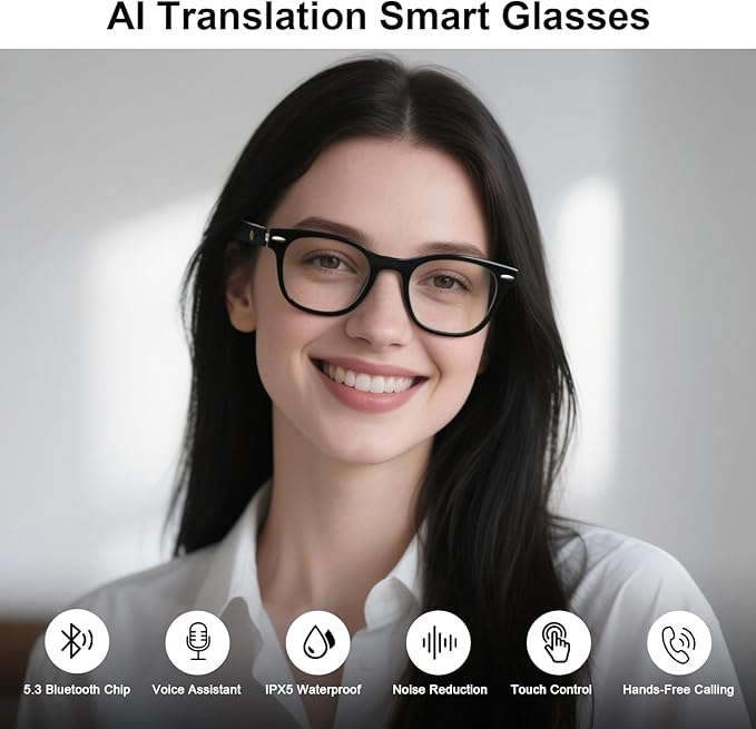 AI Smart Glasses for Men Women with Chat GPT, Bluetooth Translation Glasses - Supports 165+ Languages, Blue Light Filter with Open-Ear Speakers, Music Playback, Hands-Free Calls for Travel Trade.
