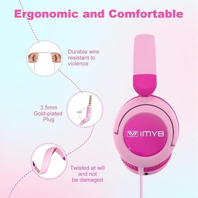 V8 Kids Headphones Wired with Mic for Toddlers, 85/94dB Safe Volume Limit, Foldable Portable Headphones for School & Travel, 3.5mm Port, Stereo Sound for iPad Tablet Kindle Computer (Pink)