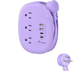 Alitayee Purple Travel Power Strip,3 Outlets,4 USB Ports,3ft Extension Cord