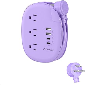 Alitayee Purple Travel Power Strip,3 Outlets,4 USB Ports,3ft Extension Cord
