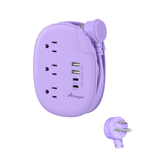 Alitayee Purple Travel Power Strip,3 Outlets,4 USB Ports,3ft Extension Cord