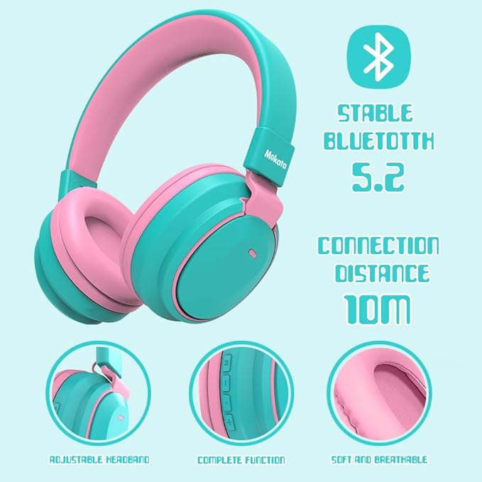 Kids Headphones Bluetooth 5.3 Wireless Lightweight Fast Charging 68 Hours Play Time Volume Limited 85/94dB Over Ear Foldable with Built-in Mic for Toddler Boy Girl Tablet Pad Cyan