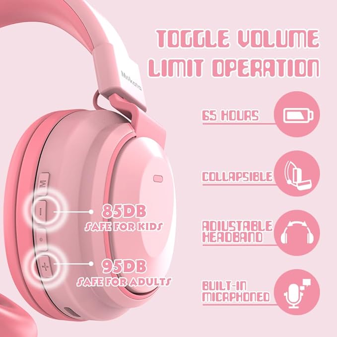 Kids Headphones Bluetooth 5.3 Wireless Lightweight Fast Charging 68 Hours Play Time Volume Limited 85/94dB Over Ear Foldable with Built-in Mic for Toddler Boy Girl Tablet Pad Pink