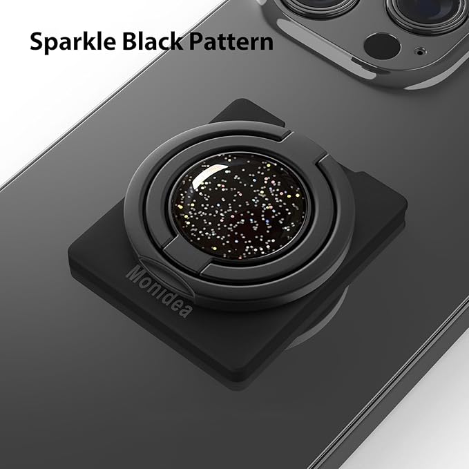 Phone Grip, Phone Ring Holder Finger Kickstand Wireless Charging Friendly, Foldable & Adjustable Double Metal Cell Phone Rings Gripper Stand for iPhone Samsung &Other Phones - Sparkle Black