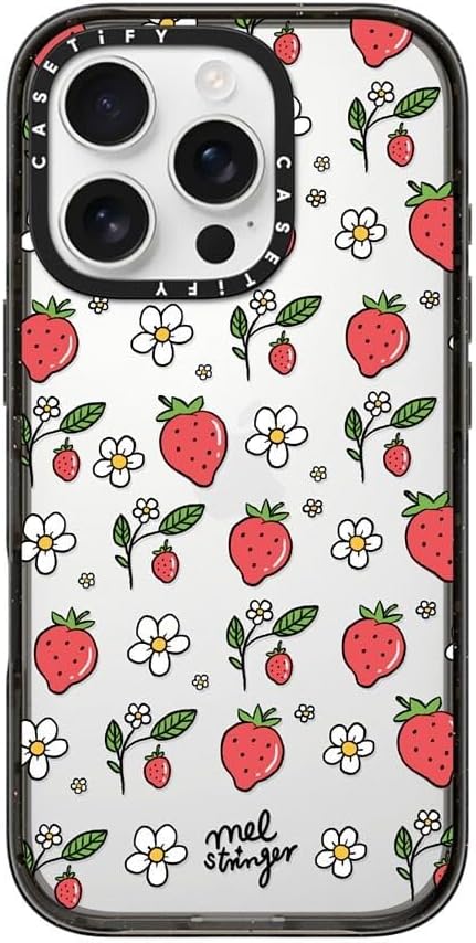 CASETiFY Impact Case for iPhone 16 Pro [Slim / 8.2 ft. 4X Military Grade Drop Protection/Wireless Charging Compatible] - Strawberry Summer - Clear Black