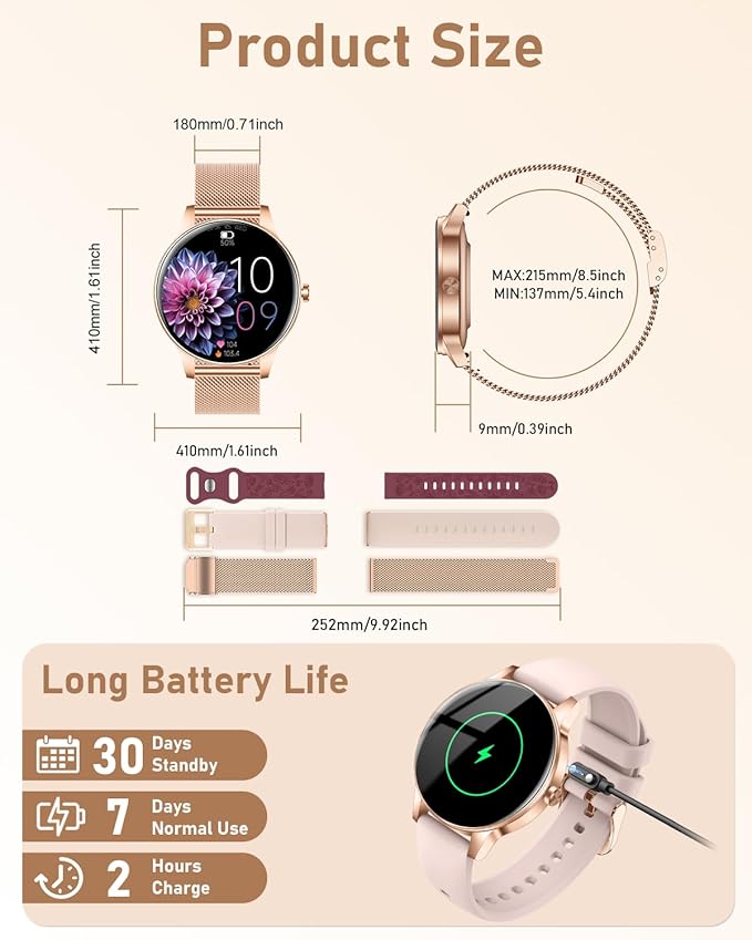 Smart Watch for Women, Answer/Make Call,1.27'' Touchscreen, 120+ Sports Fitness Tracker, 24H Heart Rate/SpO2/Sleep/Menstrual Cycle/IP68 Fitness Watch for Android iOS, 4 Straps (Rose Gold)